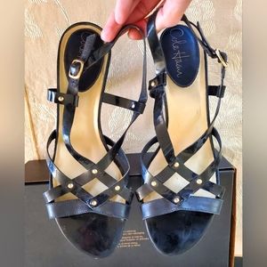 Cole Haan Criss Cross Black Leather/Patent Nike Air Strappy Heels, Size 9B
